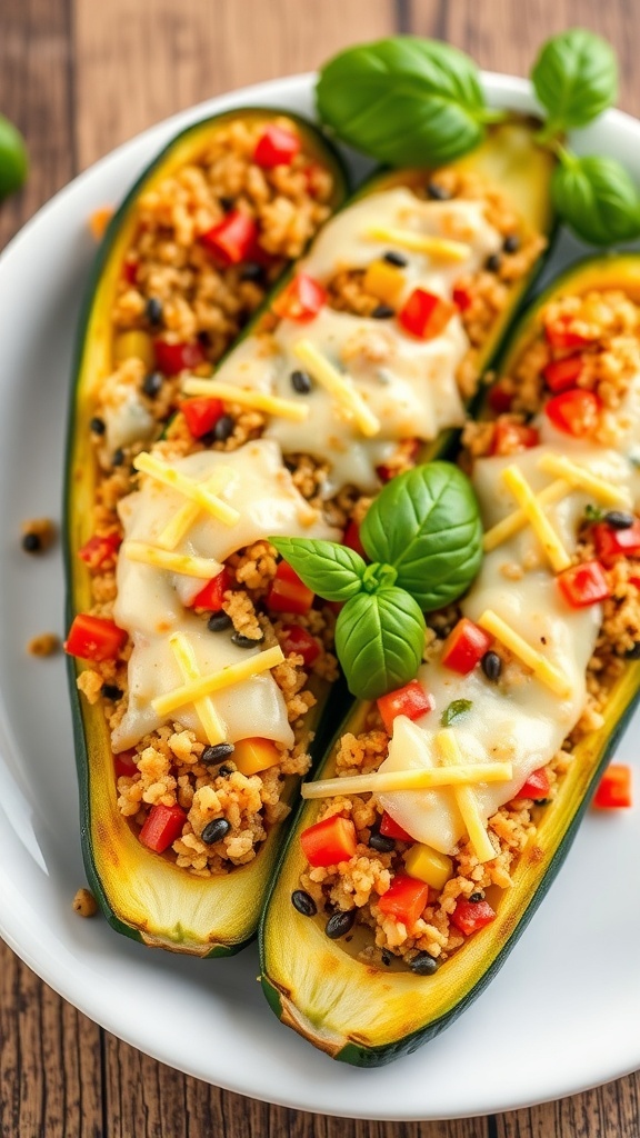 Stuffed zucchini boats filled with quinoa and vegetables, garnished with basil on a rustic table.